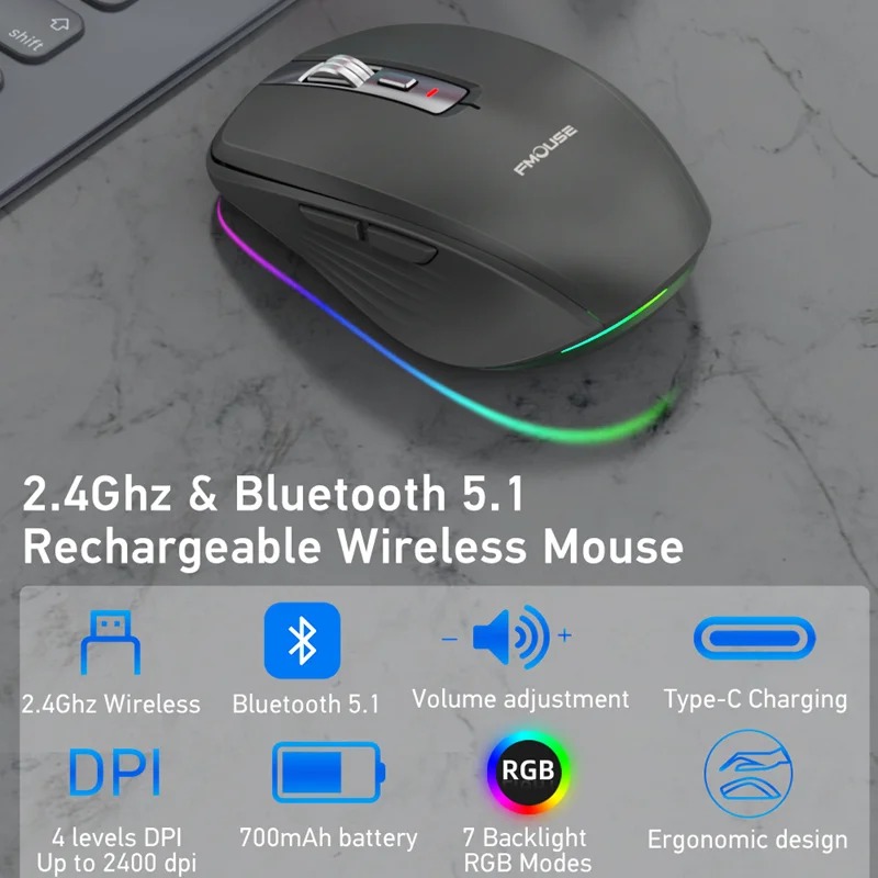 

Wireless Mouse Bluetooth-compatible 2.4GHz Dual Modes Rechargeable Computer Mice with Nano Receiver for PC Laptop Macbook