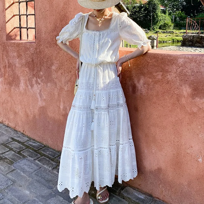 Socialite Style Cut-out Skirt Set Women's Short-sleeved Top Skirt Women's Southern Long Dress Nanyou Women's Clothing Summer New