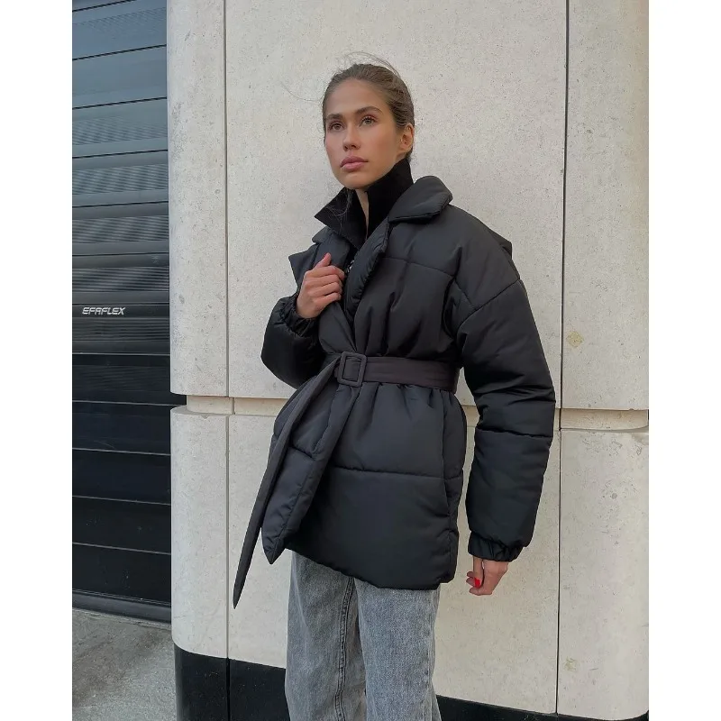 Women's Winter New Warm Cotton Padded Jacket Belt Parkas Turn-down Collar Cotton Coat Slim Solid Cotton Jacket Outerwear
