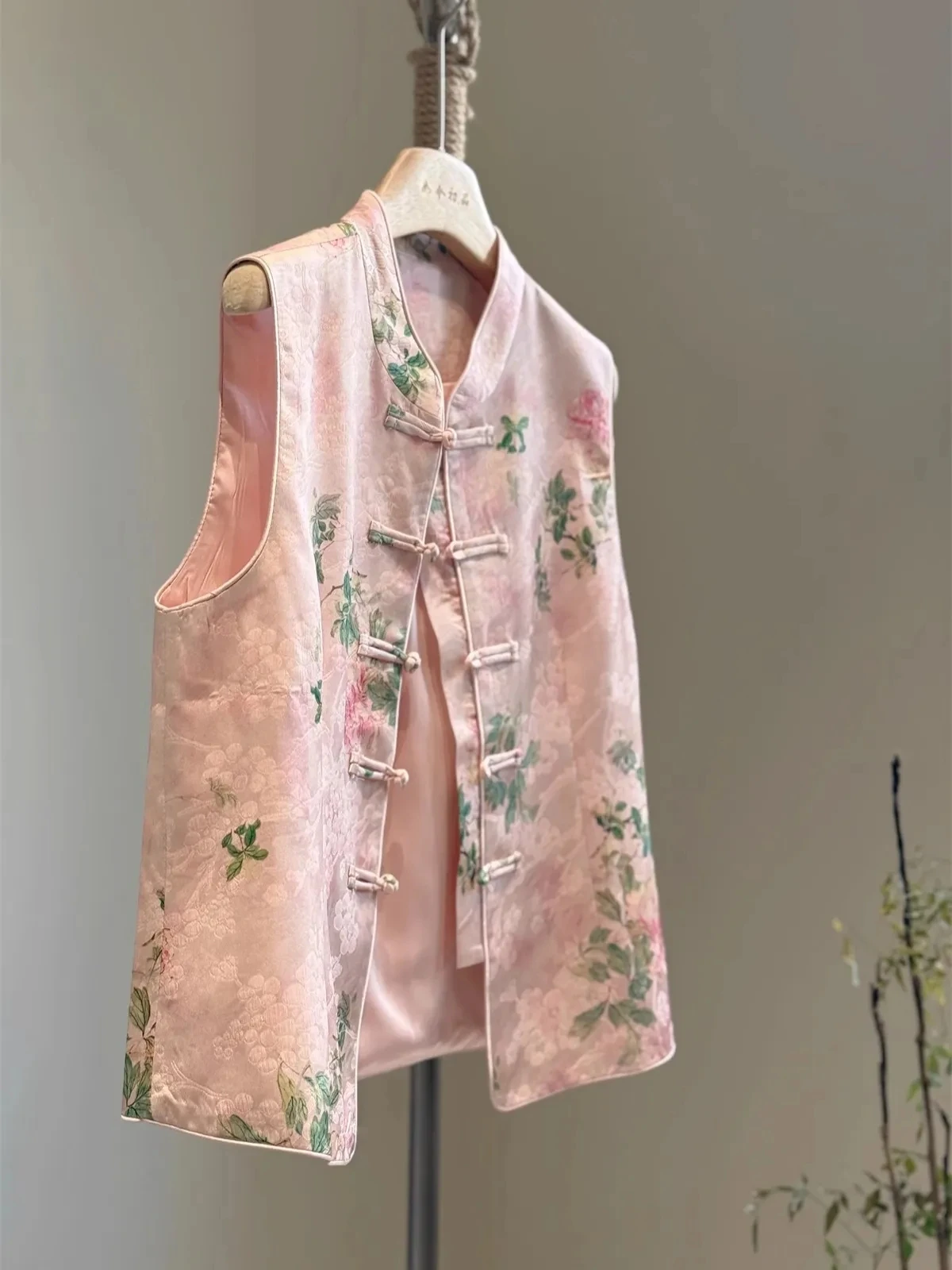 Pink Chinese Vest Coat Satin Printing High-grade Stand-up Collar Vest Spring Autumn Embroidery Women Vest Top New Jacket Vest