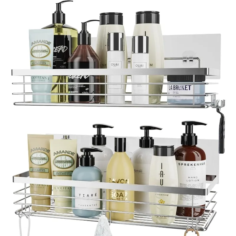 

Shower Caddy with 5 Hooks Organizer for Hanging and Sponge Bathroom Basket Adhesive Shower Shelf Storage Kitchen Rack