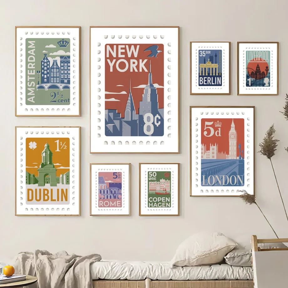 

Vintage City Stamps New York Rome London Berlin Dublin Wall Art Mural Canvas Painting Poster Print Pictures Living Room Decor