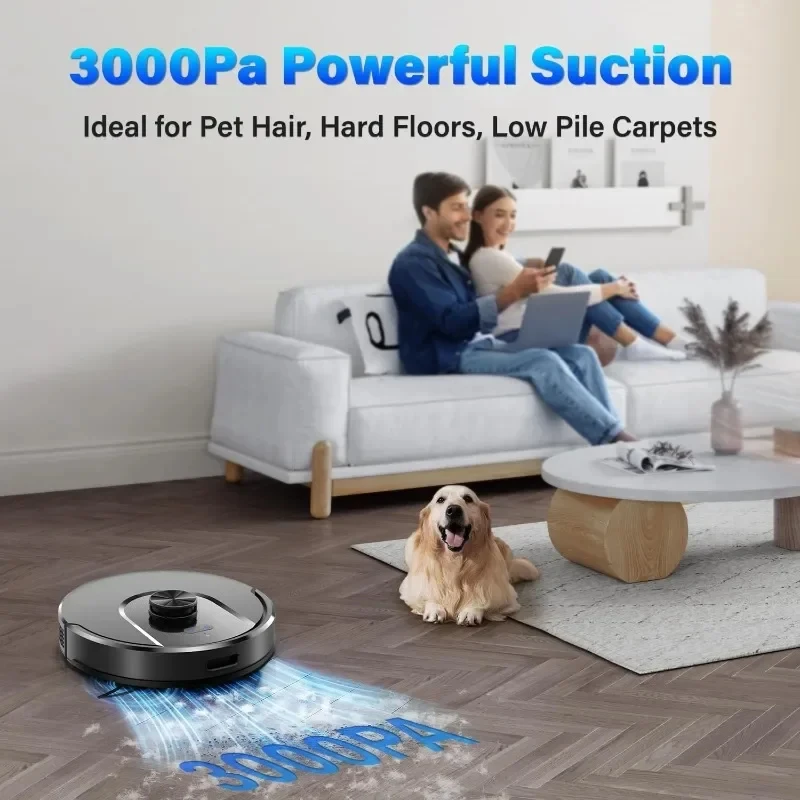 Robô Vacuum e Mop, Navegação Robotic Vacuum, Sucção 3000Pa, 20 Paredes Virtuais, Auto-carregamento, Bom para pêlos de animais