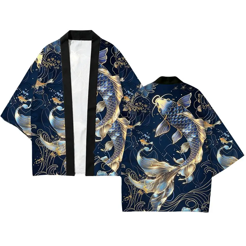 Japanese Koi Fish Ukiyo‑e Print Haori Kimono Men Women Loose Three Quarter Sleeve Open Front Cardigan Streetwear Harajuku Top