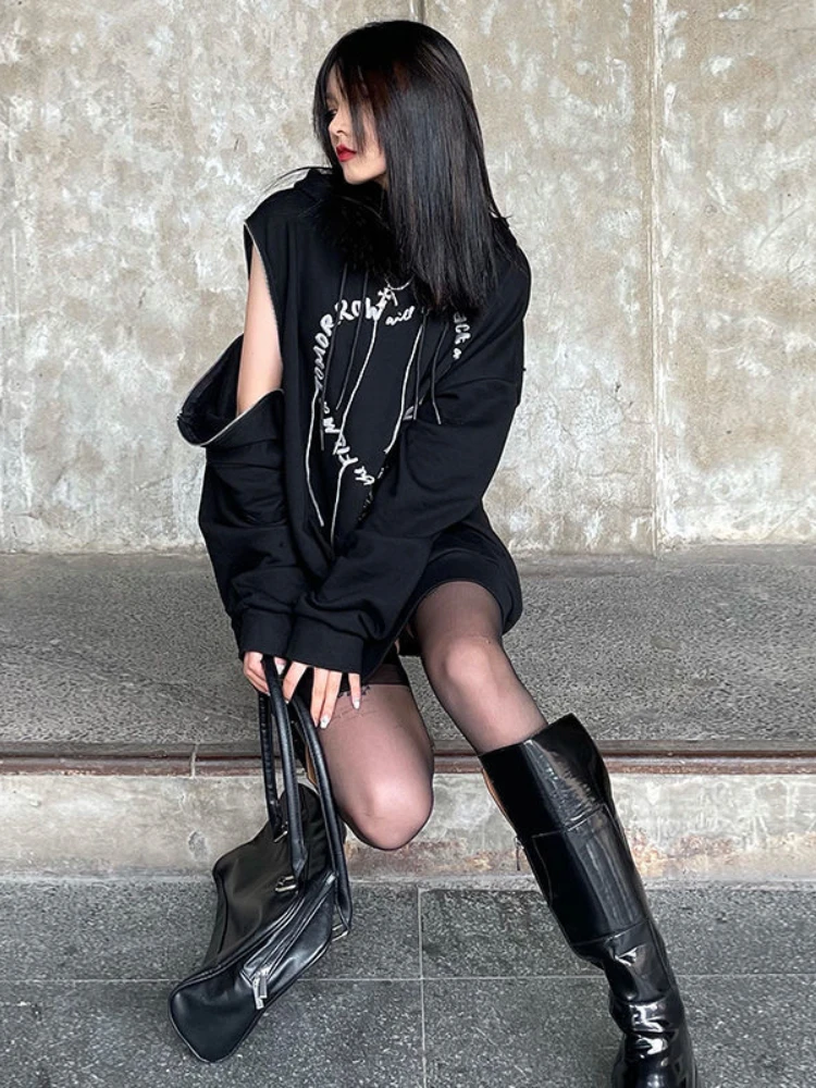 Deeptown Gothic Punk Streetwear Heart Letter Print Oversized Hooded Sweatshirt Women Grunge Zipper Hoodie Female Long Sleeve Top