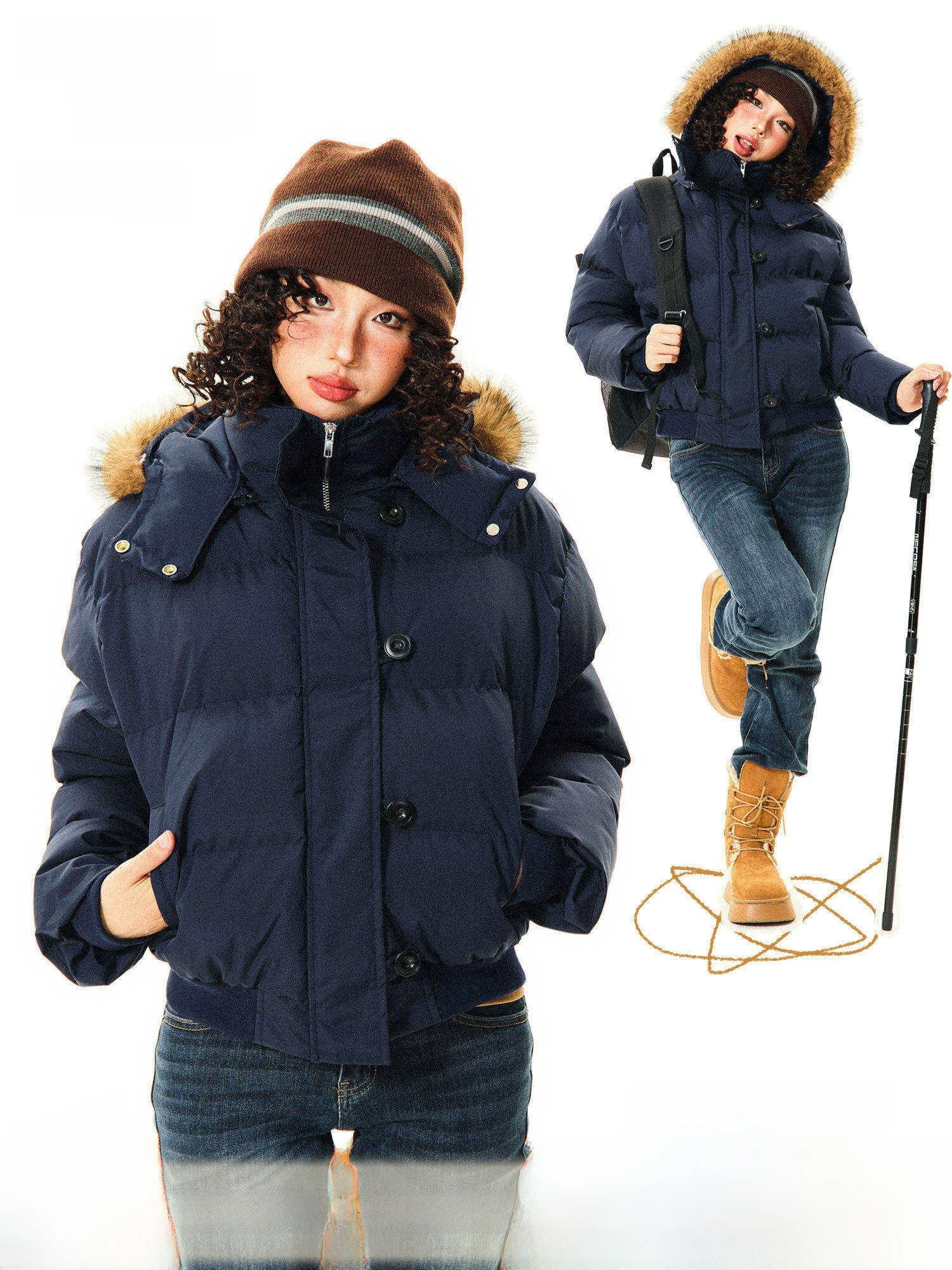 

Young Stage Winter New Sle ort Thiened Warm Cotton Jaet Women's Retro Fur Collar Coat Blue Color Commute Loose Fit