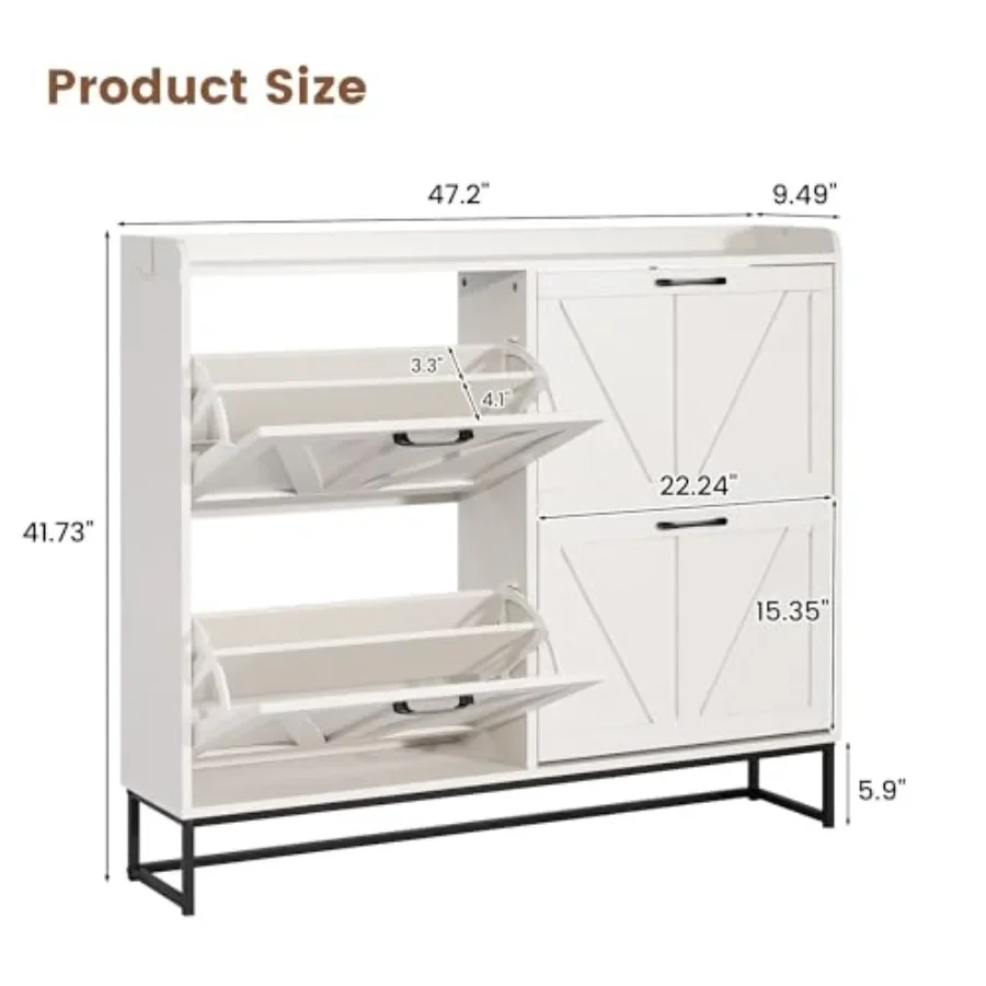 47.2 Shoe Storage Cabinet for Entryway and Hallway, Wood with Metal Legs, White, 4 Flip Drawers with Smooth Operation