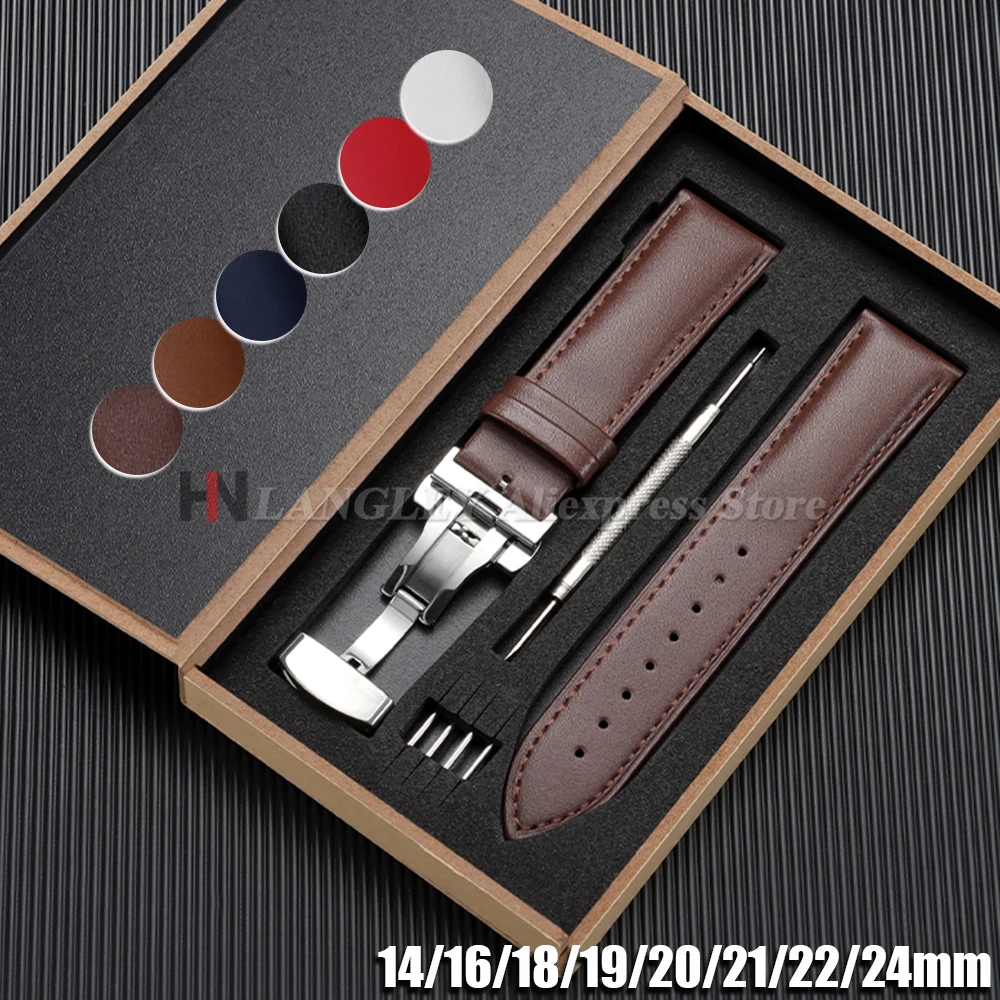 14/16/18/19/20/21/22/24mm Echtleder-Uhrenarmband mit Schmetterlingsverschluss für Herren und Damen, Business-Stil mit Box, Armbänder für DW und Seiko