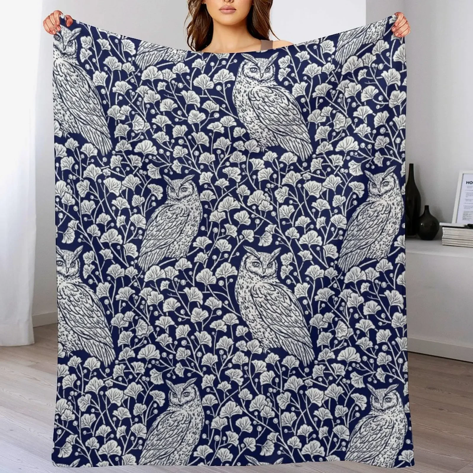 Winter Blue II - Owls and Gingko Leaves Throw Blanket