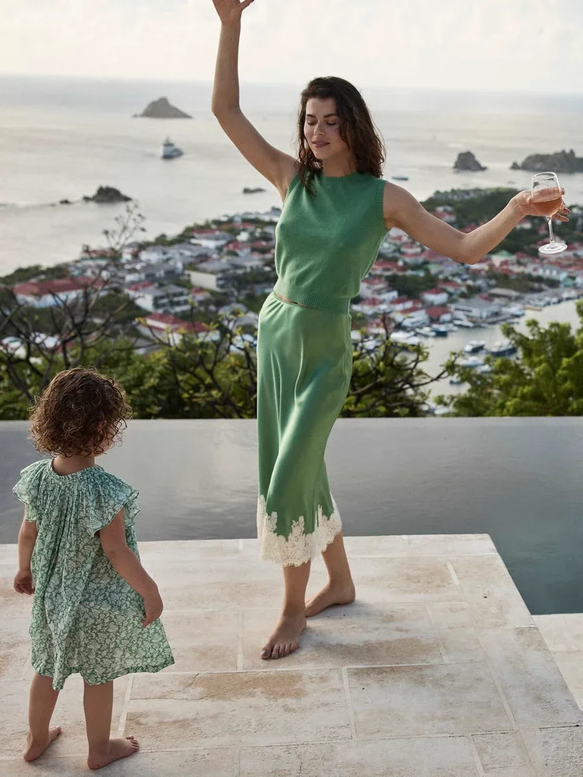 女性 100% シルクグリーンロングスカートレース刺繍パッチワークハイウエストエレガントなレディーススカート