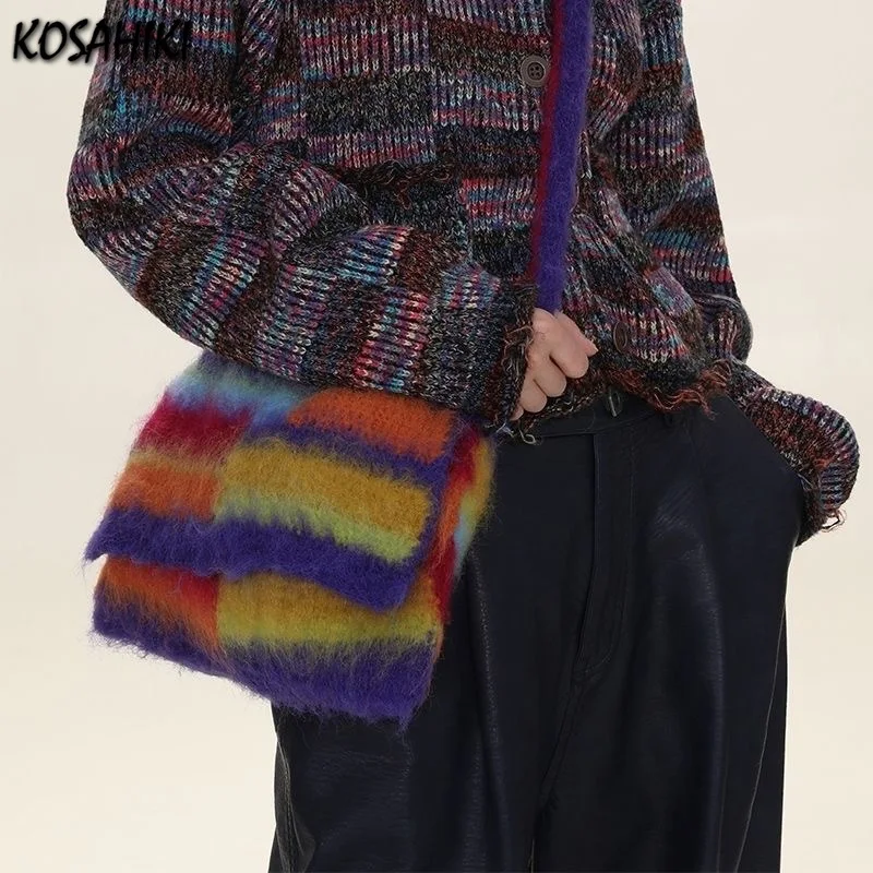 Contrast Color Rainbow Striped Women Handbags Vintage Knitted Chic Shoulder Bag Sweet Kawaii Y2k Aesthetic Crossbody Bags Korean