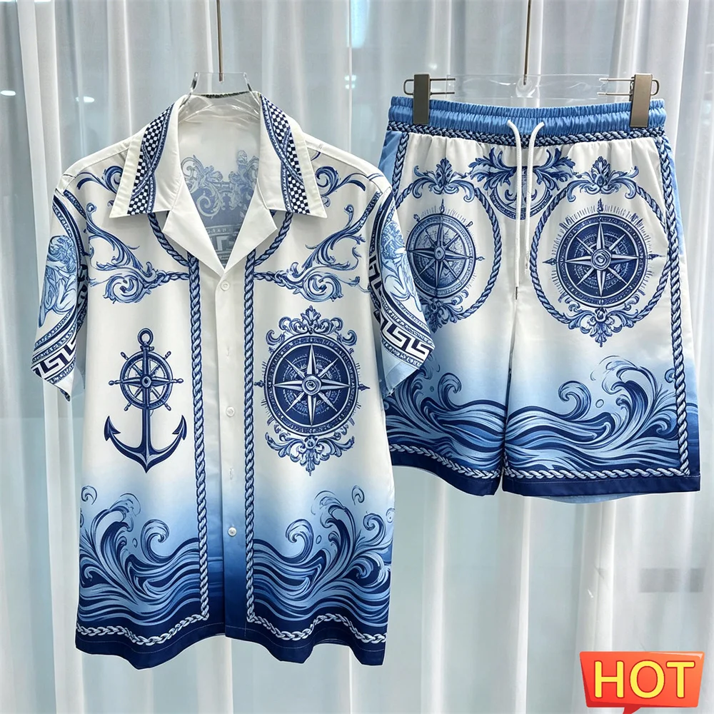 Sailor Pattern Men's Shirt Set Fashion Lapel Short Sleeve and Shorts 2 Piece Outfit Summer Casual Loose Tee Suit Luxury Clothing