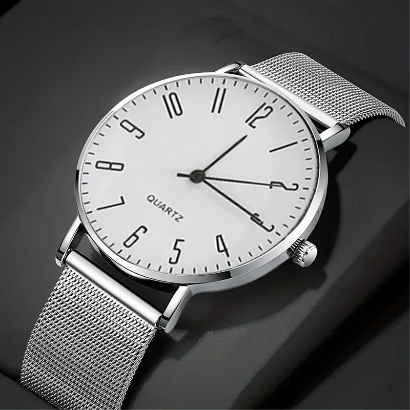 Mens Trend Simple Casual Fashion Ultra Thin Calendar Digital Luxury Business Silver Stainless Steel Mesh Quartz Wristwatch