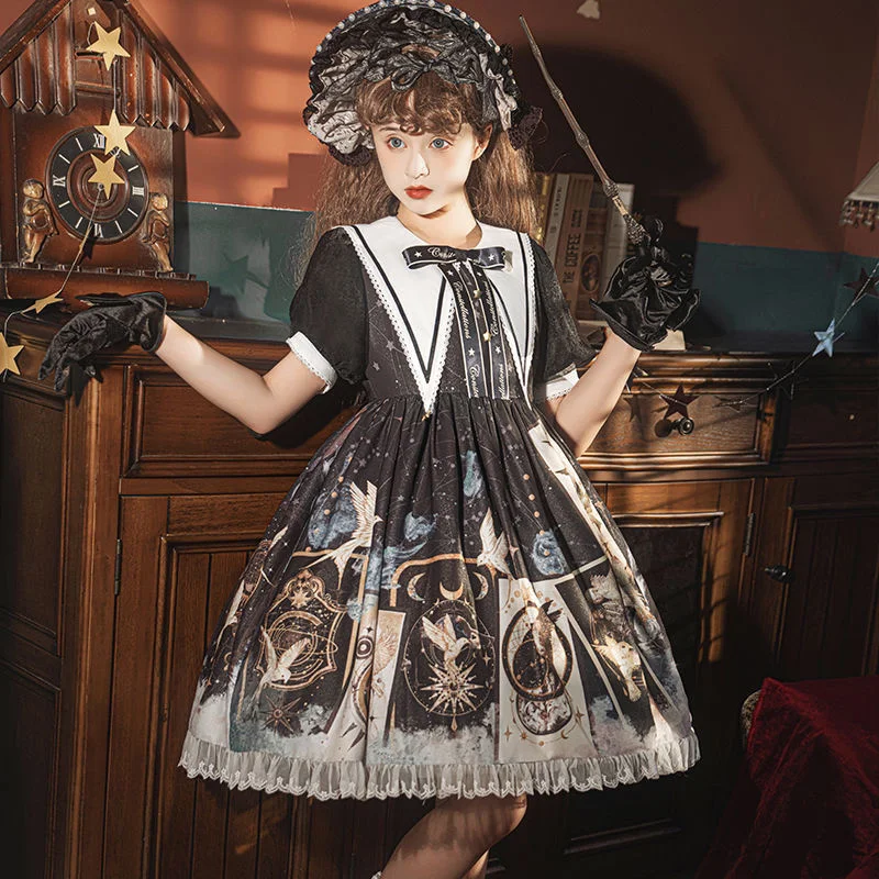 

Starry Sky Bird Summer Op Short Sleeve Lolita Daily Court Style Academy Lolita Skirt Gothic Dresses