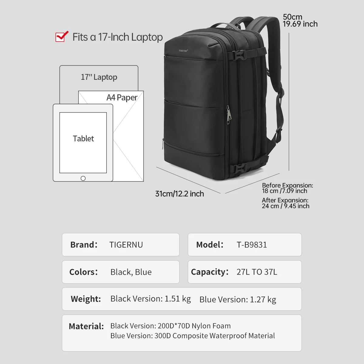 Lifetime Warranty Travel Backpack Men Business Backpack Schoolbag Expandable USB Bag Large Capacity 17 Laptop Bag Waterproof Bag