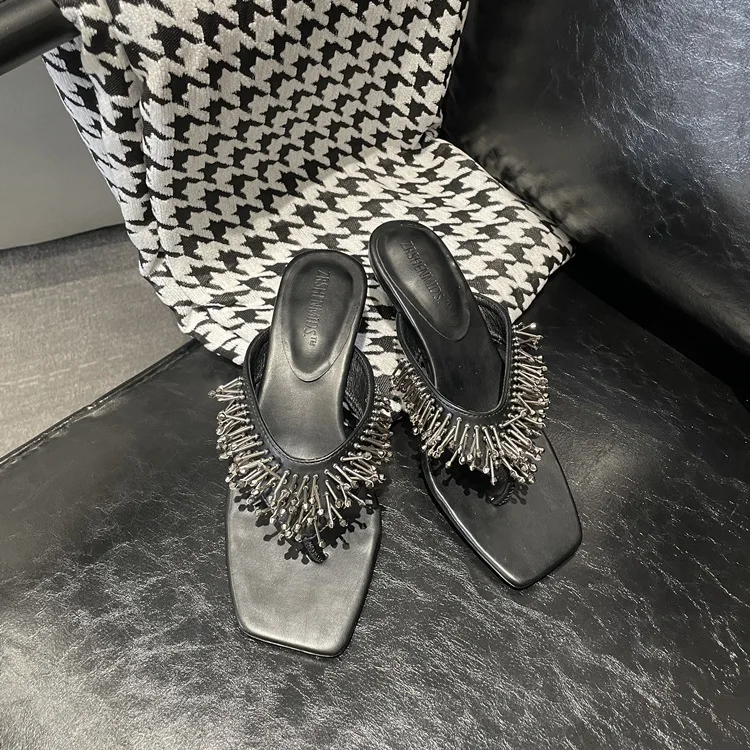 Dave&Di French Fashion Ladies Sandals Middle Summer Heel Slipper Sandals Women Mules Vintage Tassel Elegant Ladies