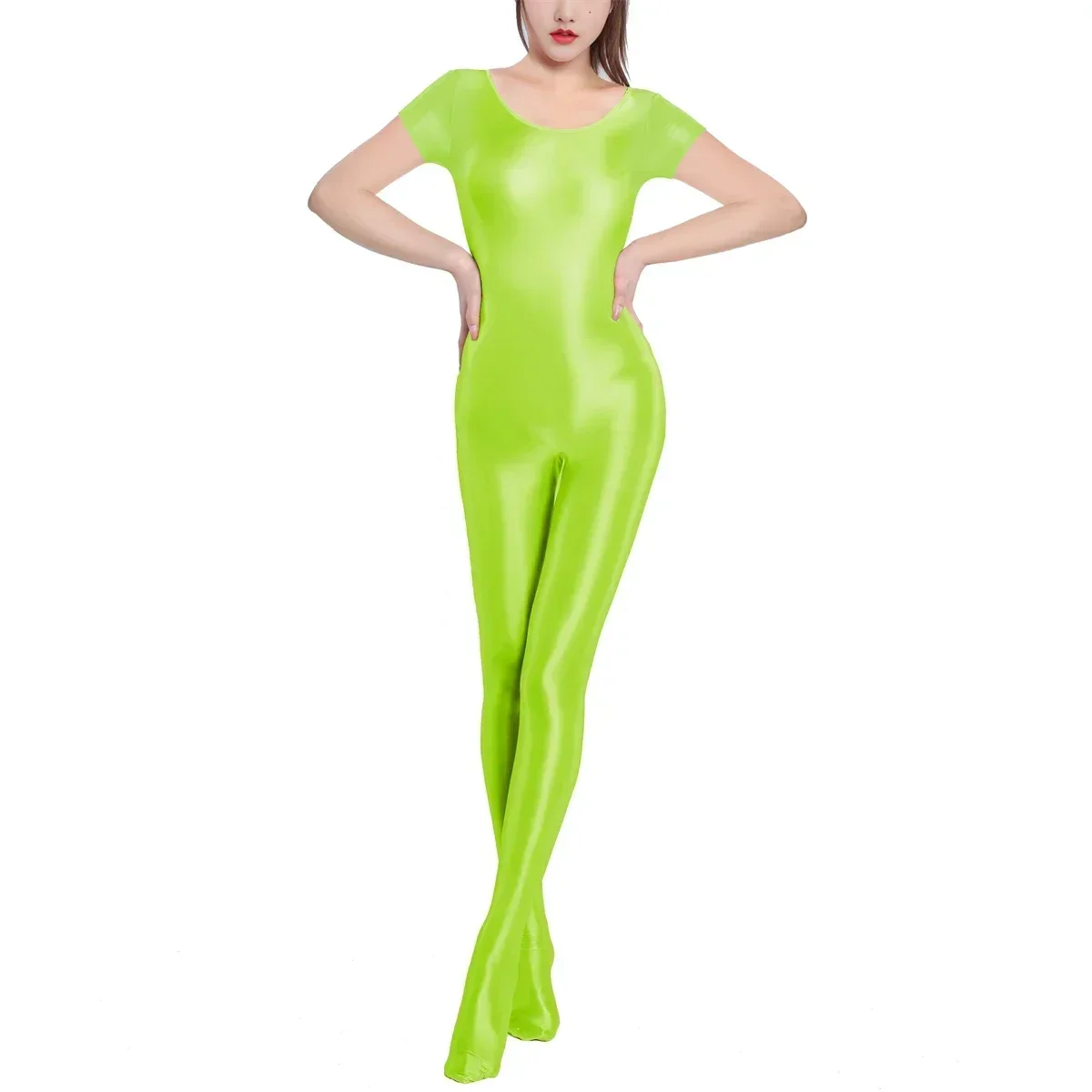 بدلة بيجامات نسائية مثيرة من قطعة واحدة بلون سادة ملابس داخلية شفافة بأكمام قصيرة بدلة قطط لامعة وناعمة لليوجا واللياقة البدنية #5