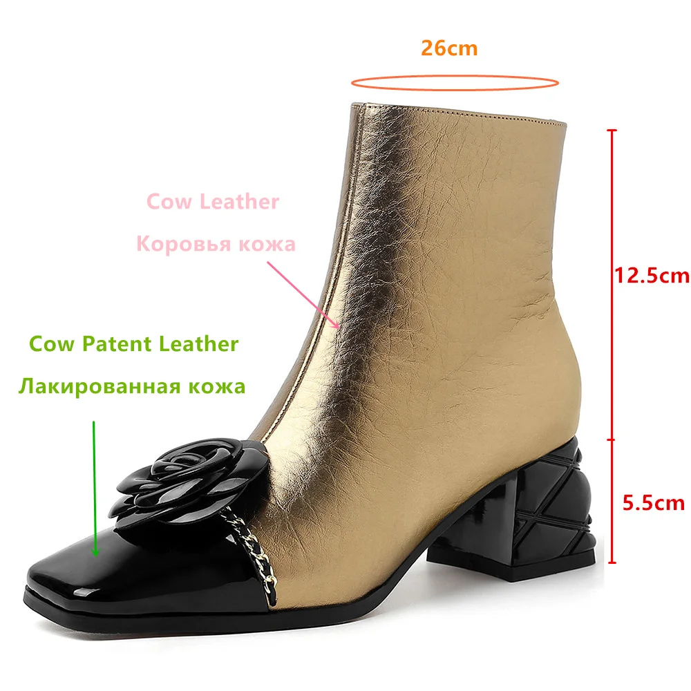 MILI-MIYA Fashion Women Autumn Winter Flower Metal Chain Squared Toes Ankle Boots Low Heels Genuine Leather Party Dancing Shoes