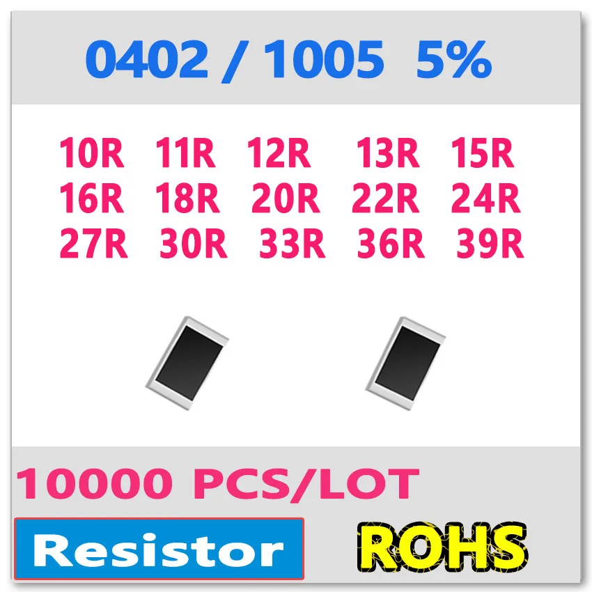 JASNPROSMA 0402 J 5% 10000 قطعة 10R 11R 12R 13R 15R 16R 18R 20R 22R 24R 27R 30R 33R 36R 39R smd 1005 100 110 120 130 أوم المقاوم