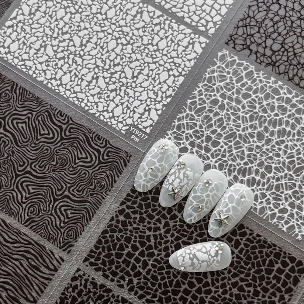 3D White Black Zebra Crack Texture Nail Stickers Irregular Net Mesh Fluid Vortex Decals Vintage Broken Marble Manicure Suppliers
