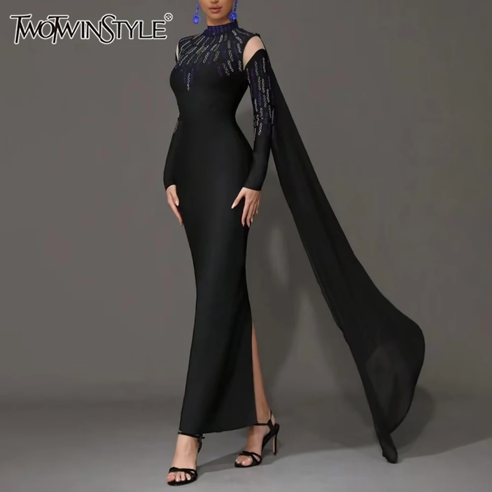 

TWOTWINSTYLE Patchwork Sequins Dresses For Women Stand Collar Long Sleeve High Waist Slimming Spliced Cloak Dress Female Fashion