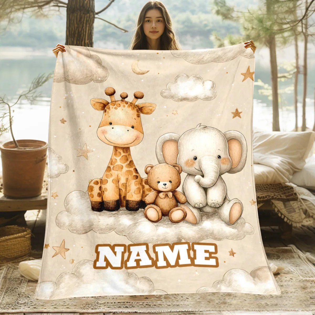 Custom Jungle Animals Blanket Giraffe Elephant Bear Fleece Throw Kids Gift Soft Warm All Season Nursery Decor