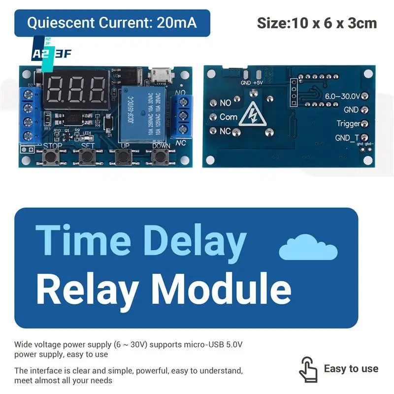 

A23F-HW-521 Цифровая задержка времени, одностороннее реле, таймер задержки цикла триггера, печатная плата, модуль управления временем