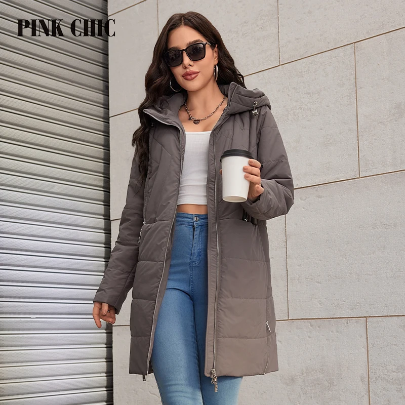 PINK CHIC Spring 2024 Women\'s Parka Loose Down Jacket Hooded Women\'s Outerwear Fashion Outerwear Quilted S3019