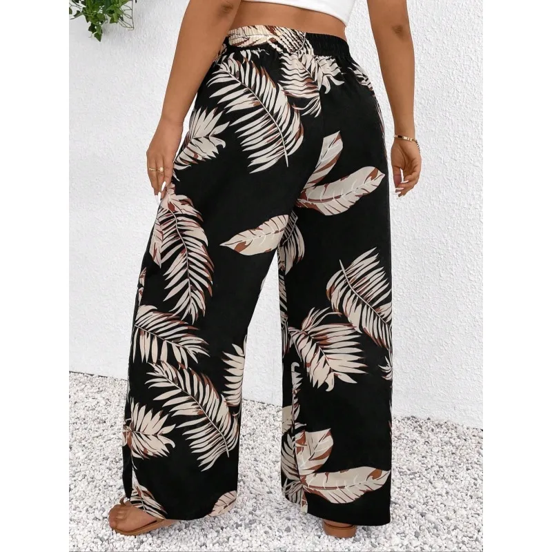 プラスサイズ 1XL-5XL 女性用花柄パンツ 春夏 薄手 ハイウエスト スリム アイスシルク ストレッチ 花柄 ストレートレッグ レディースパンツ