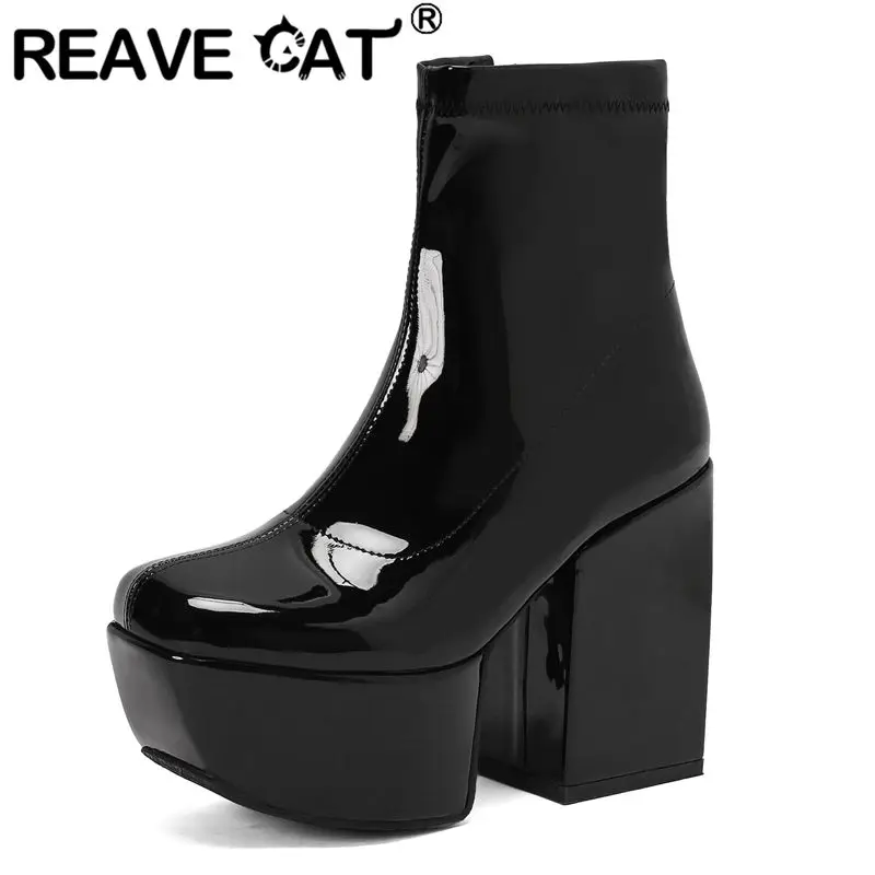 REAVE CAT lakierowane damskie botki z kwadratowym noskiem masywne obcasy 12cm platforma zamek górski Plus rozmiar 46 47 48 seksowne randki Bota