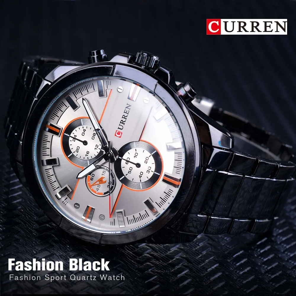 FashionCurren Top Brand  Black Full Stainless Steel Creative Mens Sport Quartz Watches Luxury Male Clock Military Casual Design