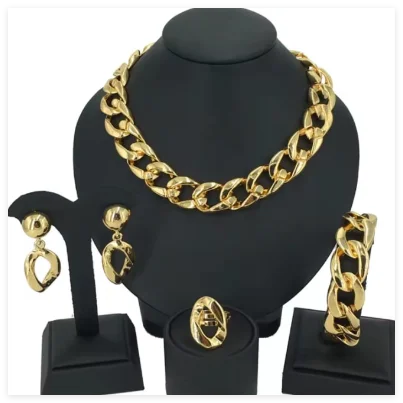 New Bold Chunky Cuban Link Jewelry Set 18K Gold Plated Statement Necklace Earrings Bracelet Ring for Women Party Wedding Hip Hop