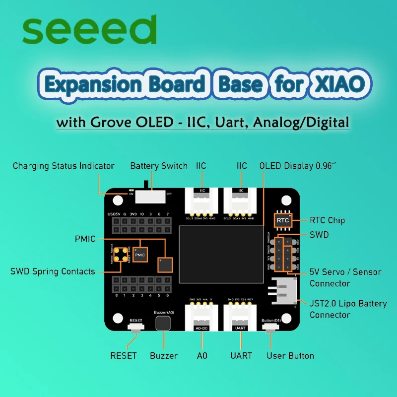 

Seeed XIAO Expansion Board Base with Grove OLED Display IIC Uart Analog Digital SWD Debug, Quick Prototyping, Circuit Python