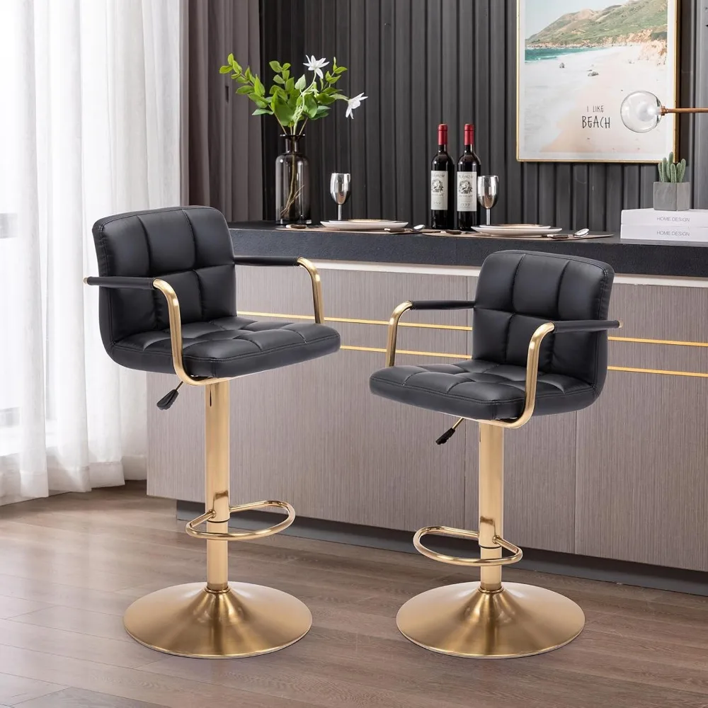 Modern PU Leather Square Bar Stools, Adjustable Swivel Barstools with Back and Arms, Airlift Counter Height Chairs for Kitchen