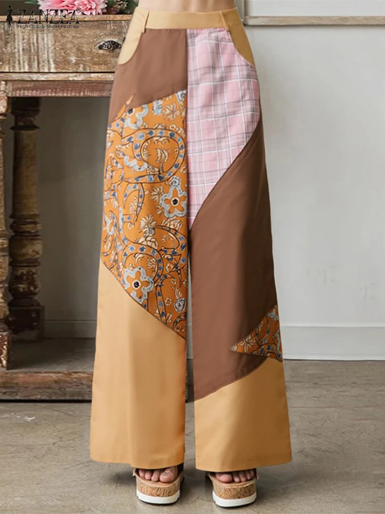 ZANZEA موضة السراويل الطويلة النساء عالية الخصر طباعة عادية بنطال ذو قصة أرجل واسعة 2025 الخريف جيوب عادية مرونة الخصر بنطلونات