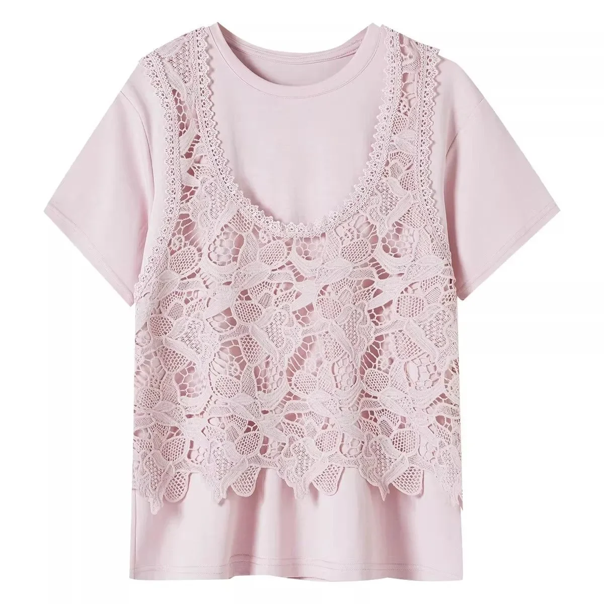 Pink Lace Overlay Blouse With Round Neck Loose Fit Sweet Style Summer Women's Top