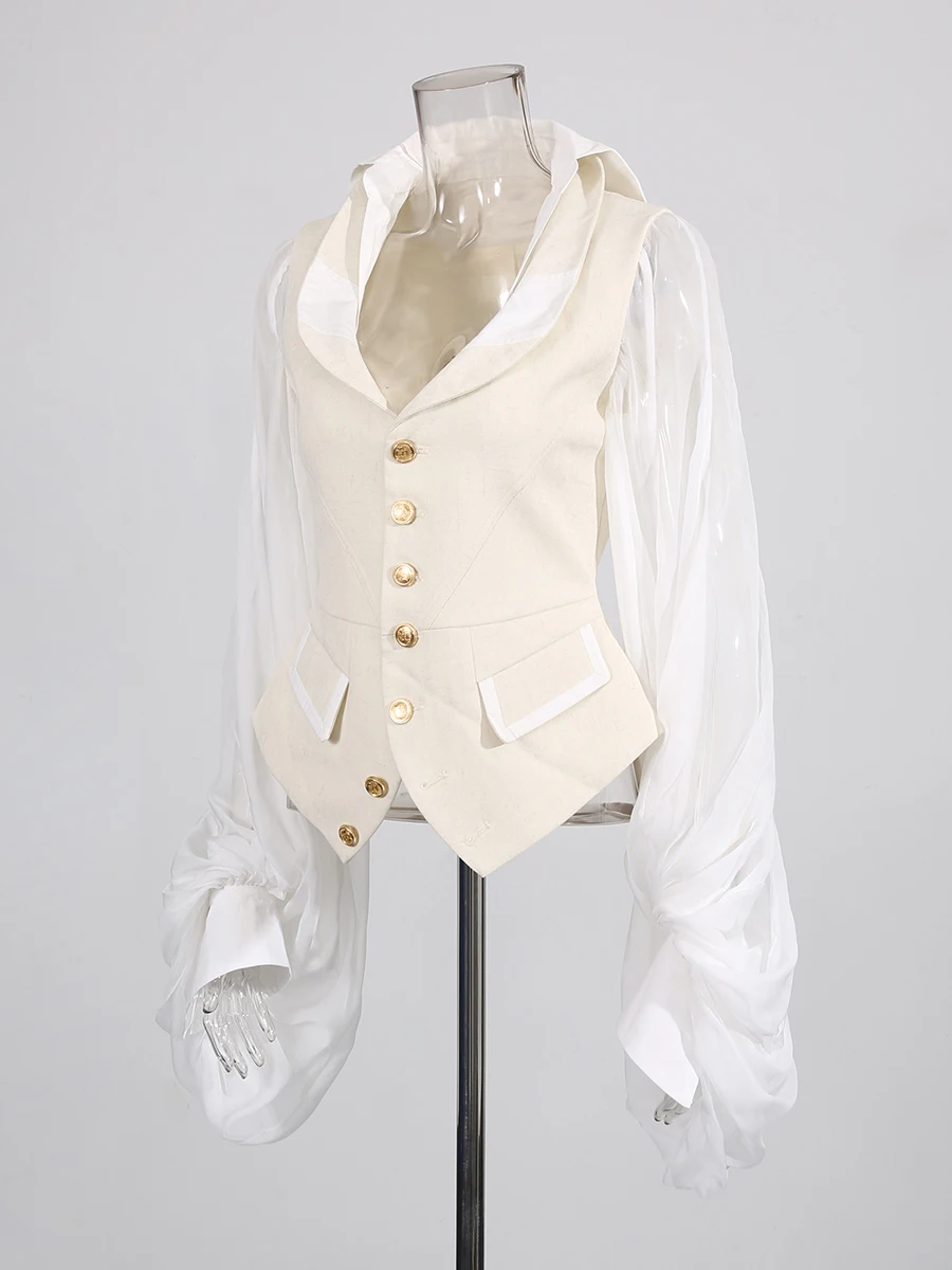 CHICEVER البيج المشمش تقسم أزرار سترة الإناث التلبيب فانوس كم فضفاض فاخر المرأة السترات الخريف موضة نمط جديد #3