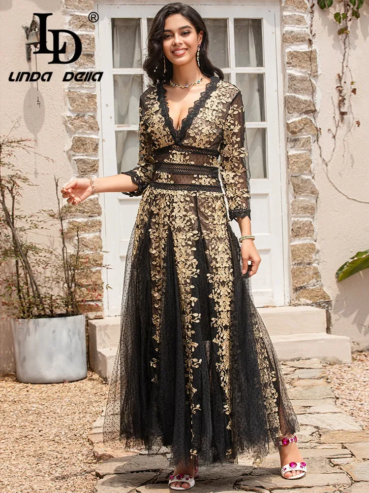 

LD LINDA DELLA Summer Fashion Runway Women Dress Sexy V Neck Flowers Embroidery Hollow Out Mesh Lace vintage Long Dress