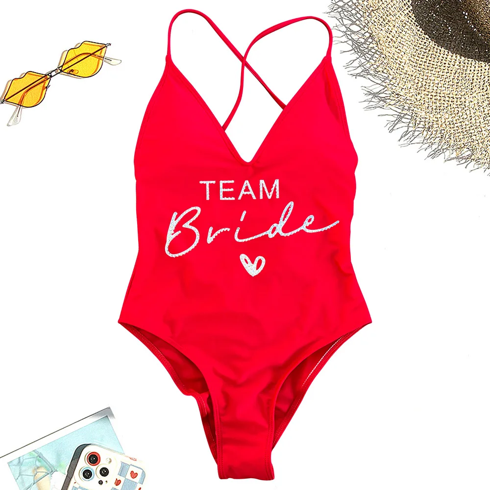 Team Bride Swimsuit With Gold Rehinstone One-Piece Bridal Swimwear Women Bachelor Party Bathing Suit Beachwear Strappy Swim Suit