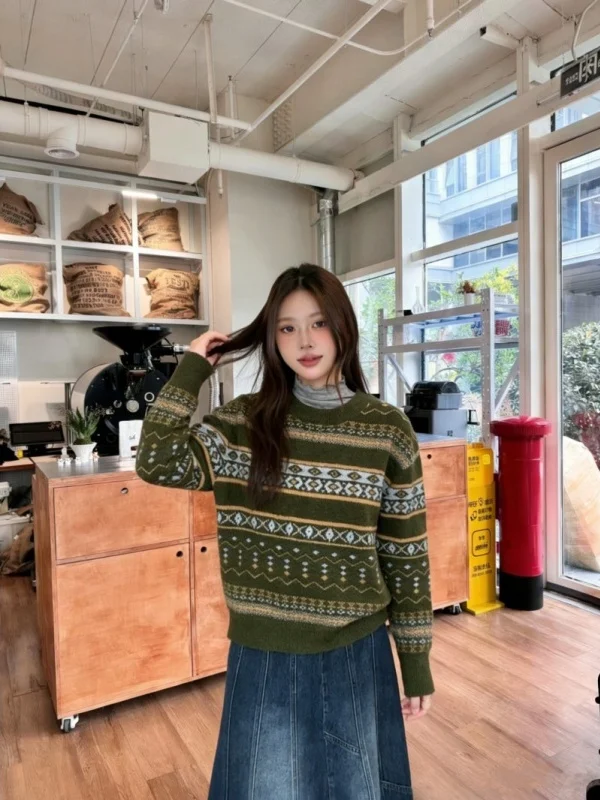 

Cisas Aosphere Heavyweight Knitted Sweater Women's Loose round Ne Inner Wear Casual Long Sve Warm Geometric Pattern