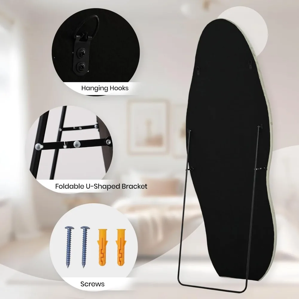 مرآة لكامل الجسم مثبتة على الأرض مع حامل، إطار من الفلانيل المريمية مقاس 63 × 24، معلق على الحائط، شكل غير منتظم، مثالي لديكور المنزل