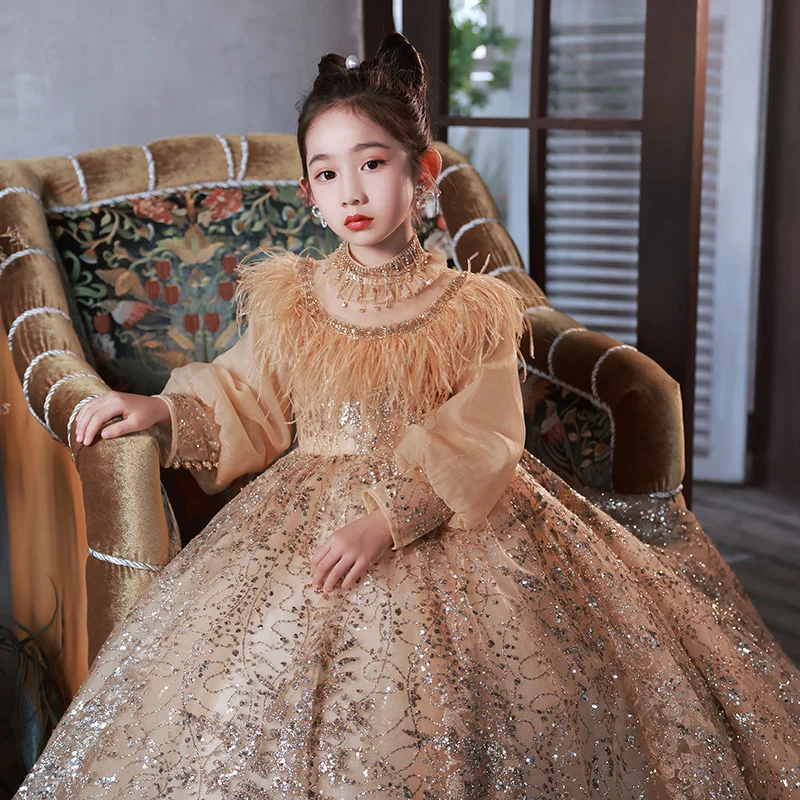 Very Luxury Party Ball Gown Little Girls Elegant Cocktail Dress Feather Beading Children Long Sleeve Princess Dresses Halloween