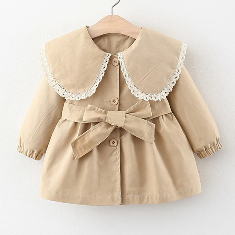 Spring Fall Toddler Clothes Children Outwear Infant Coat Korean Doll Collar Cotton Belt Kids Jacket Little Girls Clothing BC2147