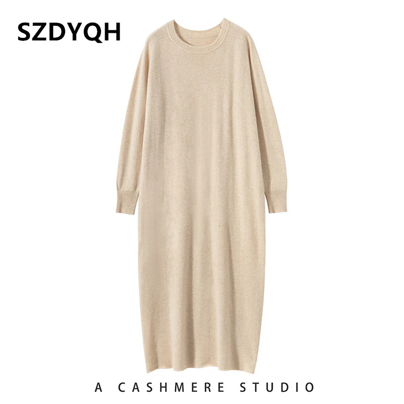 High-end New 100% Cashmere Sweater Long Dress Women Fashion Knitted Dresses Female Loose Large Size O-Neck Pullover 3Colors