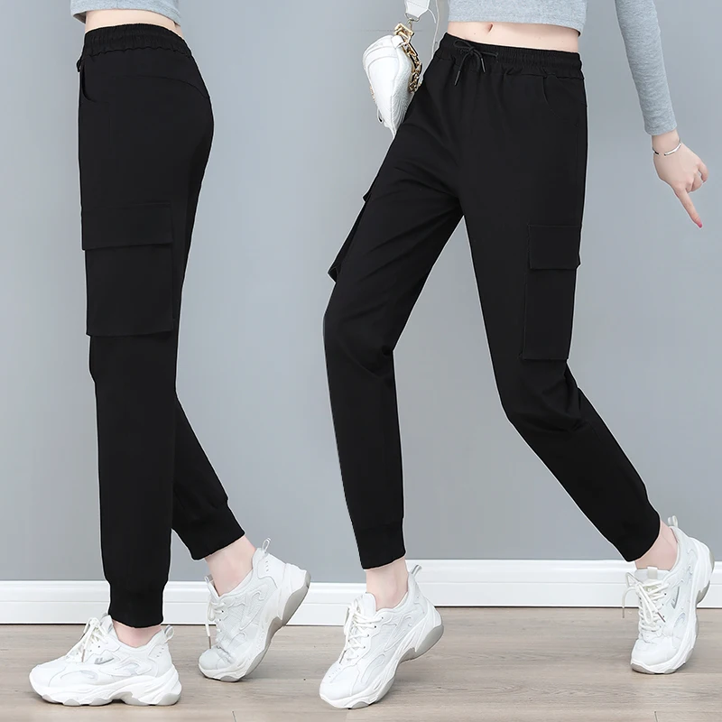 New Spring And Autumn Sports Work Pants For Women'S Casual Fashion High Waist Slim Look Multiple Pockets 9-Point Trousers
