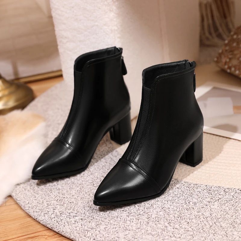 2023 Spring and Autumn New Fashion Pointed Leather Back Zipper Wearing Solid Color Versatile Comfortable Single Boots for Women