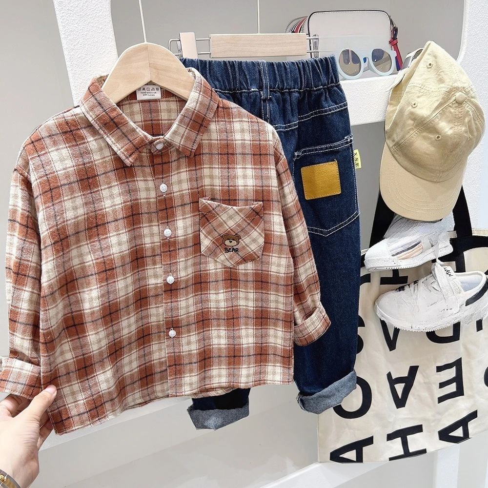 Boys Plaid Shirt Kids Big Boys Button Up Top Spring Autumn New Season Long Sleeve Casual Plaid Top Kids