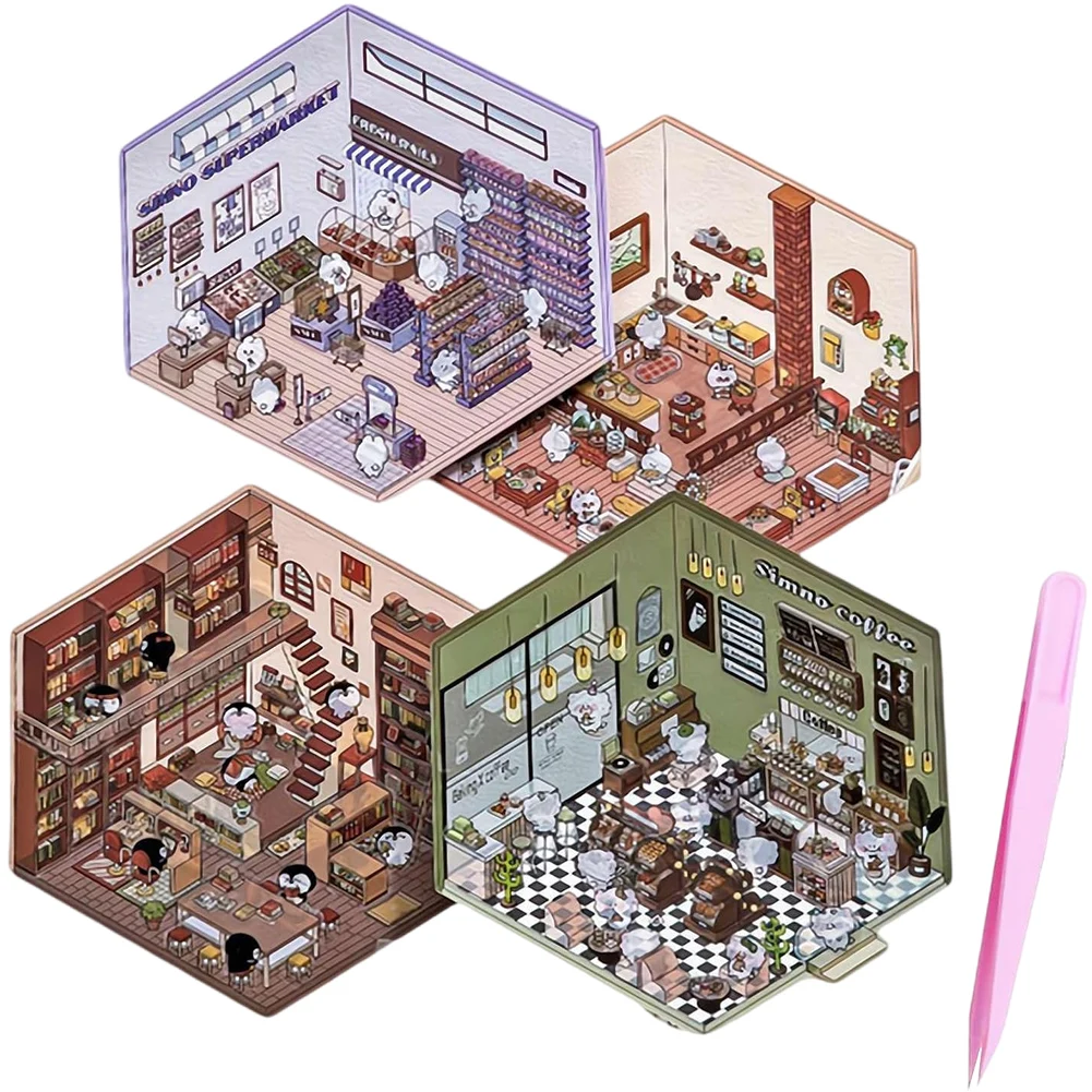 4 Uds. De pegatinas 3D, bonitas pegatinas apilables y pegadas de escena de cabina, pegatinas pequeñas para mascotas, pegatinas apilables visuales DIY para niños adultos