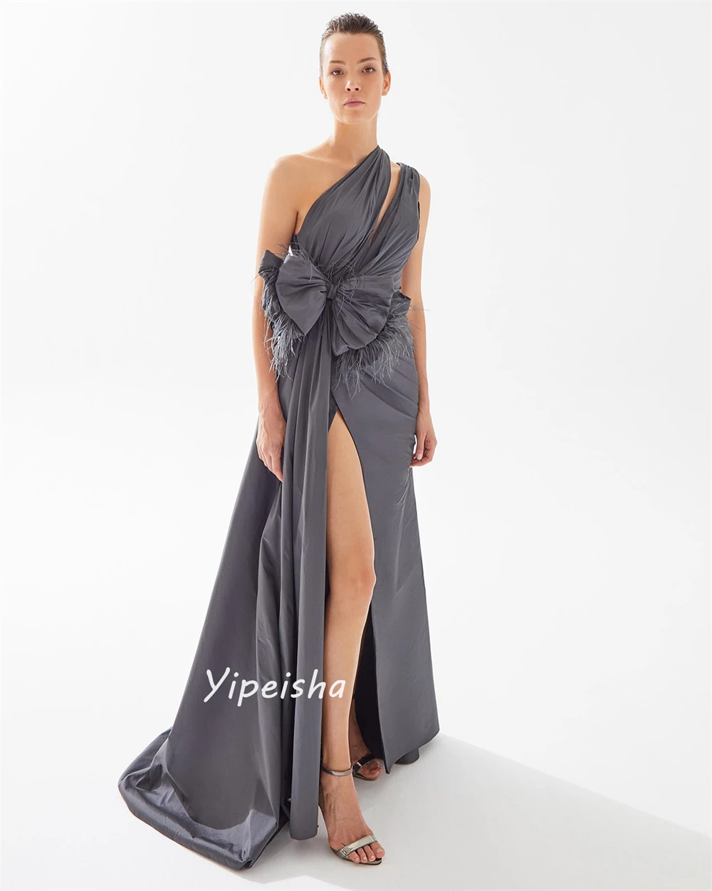 Yipeisha Elegant Matching One-shoulder Ball gown Bows Feathers Shirred Floor length Charmeuse Prom Dresses