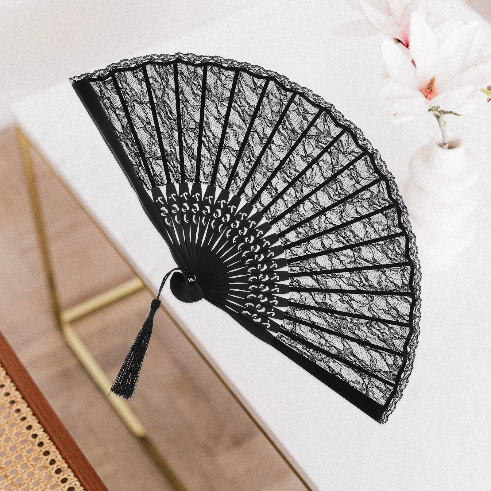 

Black Lace Folding Fan Bamboo Hand Embroidered Flower Pattern Tassel Pendant Elegant Women Folding Silk Fan Wedding Favor